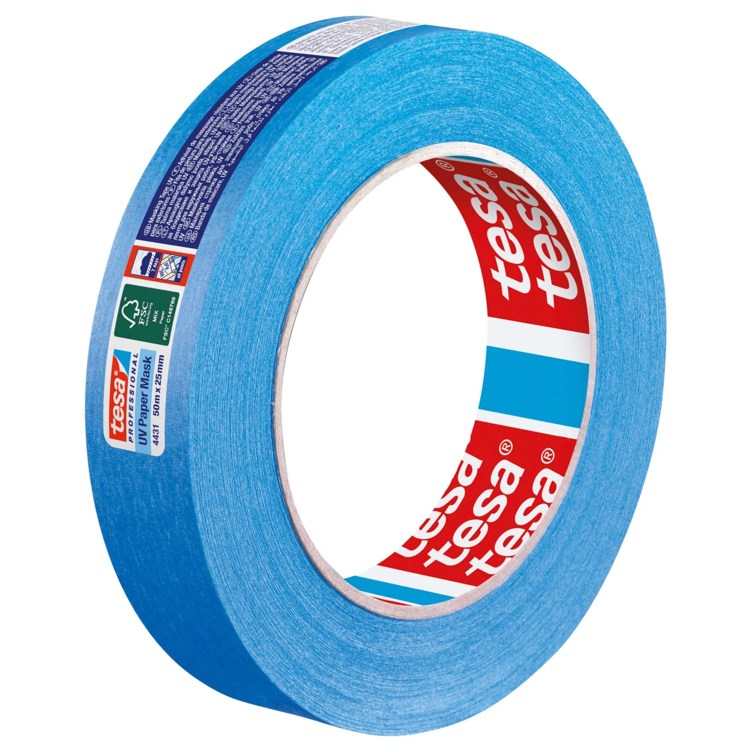 Rolka niebieskiej taśmy maskującej tesa UV Paper Mask, 50 m x 25 mm.