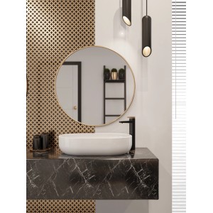 Nowoczesna czarna bateria umywalkowa z okrągłym lustrem i umywalką nablatową.