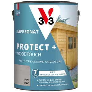 Puszka z lazurą do drewna, szara, matowa. Do płotów, pergoli i domków ogrodowych. Chroni i impregnuje drewno.