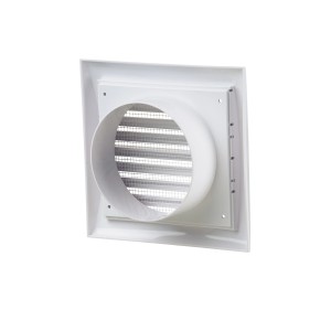 Biała kwadratowa kratka wentylacyjna do montażu na ścianie.