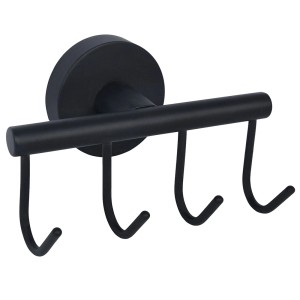 Czarny zestaw akcesoriów łazienkowych z trzema haczykami ściennymi.