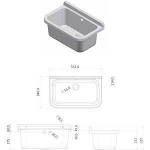 Rysunek techniczny zlewozmywaka ze stali nierdzewnej z wymiarami.