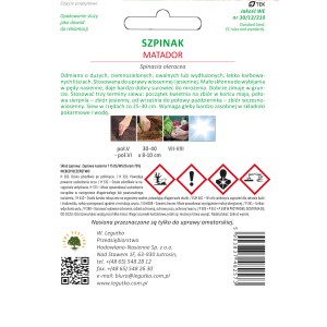 Opakowanie nasion szpinaku Matador: Ciemnozielone, owalne liście do uprawy wiosennej i jesiennej.