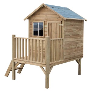 Drewniany domek do zabawy dla dzieci z małym balkonem i oknem. Drewno impregnowane.