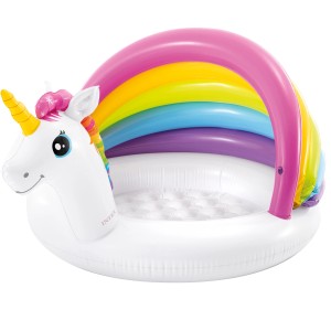 Dmuchany basen dla dzieci Intex Unicorn z tęczowym daszkiem.