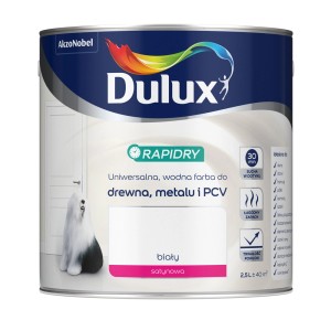 Puszka białej emalii Dulux Rapidry do drewna, metalu i PCV.