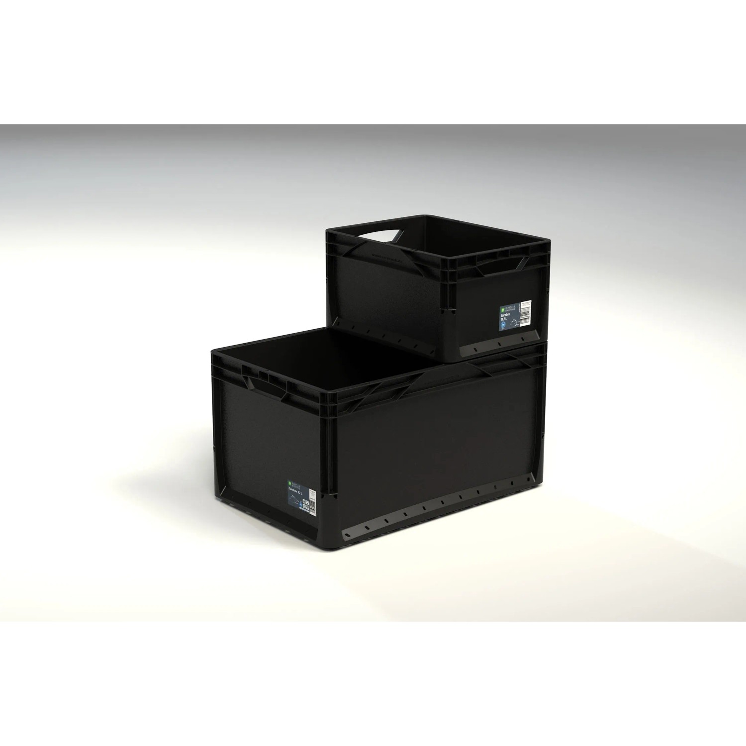 Czarny Eurobox-System Box pełna ściana, 40x30x22 cm, dwa rozmiary ułożone w stos.