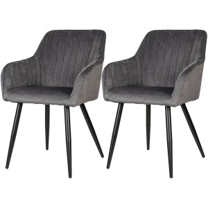 Dwa szare tapicerowane krzesła z podłokietnikami i czarnymi nogami.