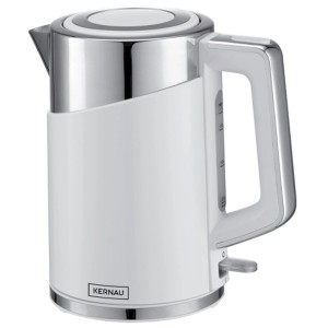 Biały czajnik t.b.t. z elementami ze stali nierdzewnej.