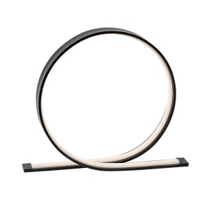 Nowoczesna czarna lampka biurkowa LED o okrągłym kształcie.