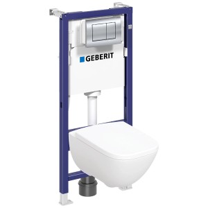 Zestaw WC wiszącego ze spłuczką i przyciskiem, zamontowany w niebieskiej ramie.