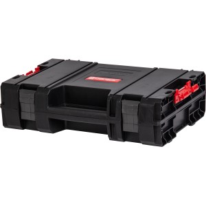 Czarna skrzynka narzędziowa Qbrick System Pro z czerwonymi zatrzaskami, idealna do elektronarzędzi.