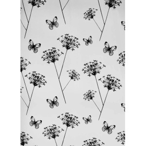 Zasłona prysznicowa t.b.t. z motylami i kwiatowym wzorem.