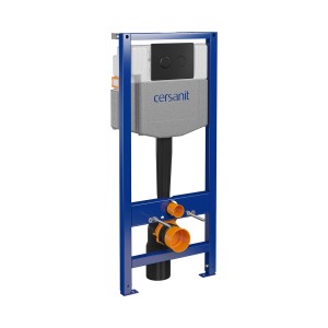 Zestaw WC t.b.t. ze stelażem niebieskim i szarą spłuczką.