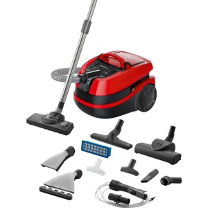 Czerwony odkurzacz z akcesoriami do czyszczenia na sucho i na mokro.