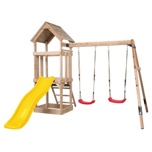 Plac zabaw Swing King Noa ze zjeżdżalnią w kolorze żółtym i dwiema czerwonymi huśtawkami z drewna FSC®.