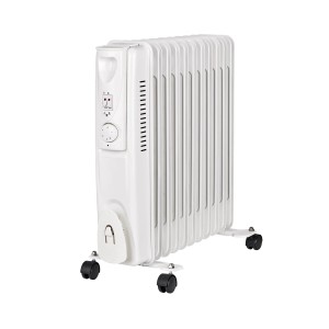 Biały grzejnik olejowy t.b.t. na kółkach, elektryczny grzejnik.