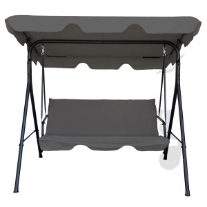 Szara huśtawka ogrodowa z daszkiem do relaksu na świeżym powietrzu.