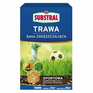 Nasiona traw Substral trawa sportowa, opakowanie z dzieckiem i piłką nożną w trawie.