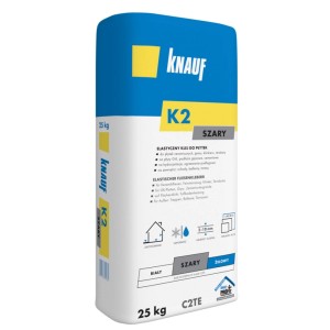 Klej do płytek Knauf K2, worek 25 kg, do stosowania wewnątrz i na zewnątrz budynków.