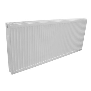 Biały grzejnik t.b.t. do montażu na ścianie.