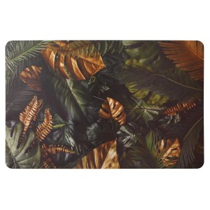 Obrus z tropikalnym wzorem liści i paproci w odcieniach zieleni i złota.