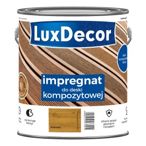 LuxDecor lazura do drewna do desek kompozytowych, brązowa, w metalowym wiadrze. Ochrona drewna do użytku zewnętrznego.