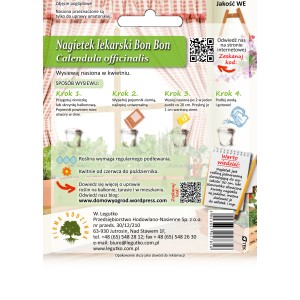 Opakowanie nasion nagietka lekarskiego 'Bon Bon' z instrukcją siewu i wskazówkami pielęgnacyjnymi.