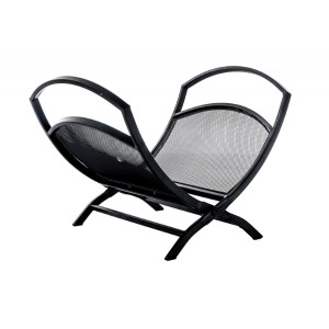 Czarny metalowy stojak na drewno kominkowe, nowoczesny design.