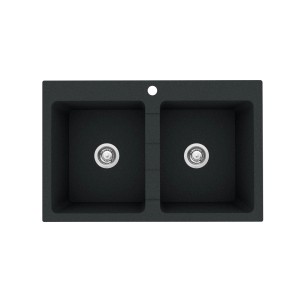 Czarny zlewozmywak granitowy t.b.t. z dwiema komorami i armaturą odpływową.