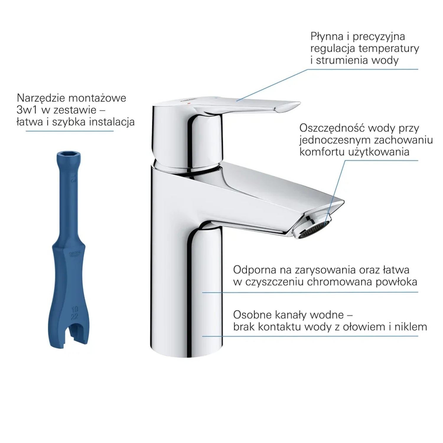 Bateria umywalkowa Grohe Start S-Size z narzędziem i korkiem automatycznym, chrom.