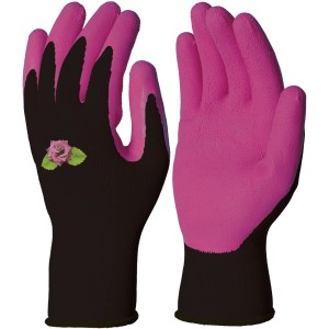 Rękawice ogrodowe t.b.t. czarno-różowe z motywem róży.