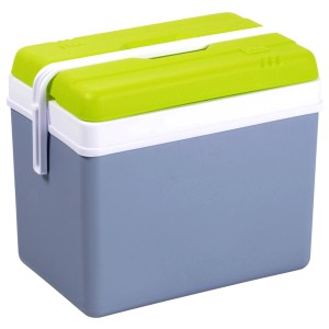 Szaro-zielony pojemnik termoizolacyjny na akcesoria kempingowe.