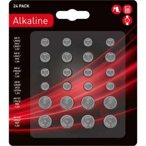 Zestaw 24 baterii guzikowych różnych typów do zegarków, kalkulatorów i zabawek.