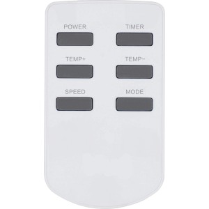 Pilot do klimatyzacji z przyciskami do włączania, timera, temperatury, prędkości i trybu.