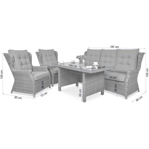 Szary zestaw mebli ogrodowych z sofą, fotelami i stołem z wymiarami.