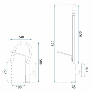 Rysunek techniczny jednouchwytowej baterii t.b.t. z wymiarami.