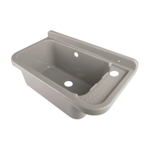 Szary zlew ze stali nierdzewnej t.b.t., widok z góry.