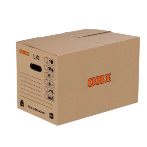 Brązowy karton OBI z uchwytem i polem do opisywania, idealny do przechowywania i transportu.