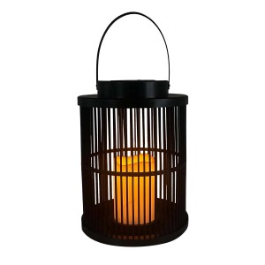 Czarny lampion solarny ze świecą LED do nastrojowego oświetlenia.