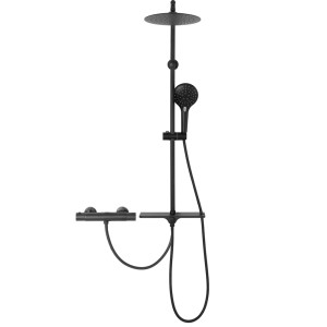 Czarna kolumna prysznicowa t.b.t. z deszczownicą i słuchawką.