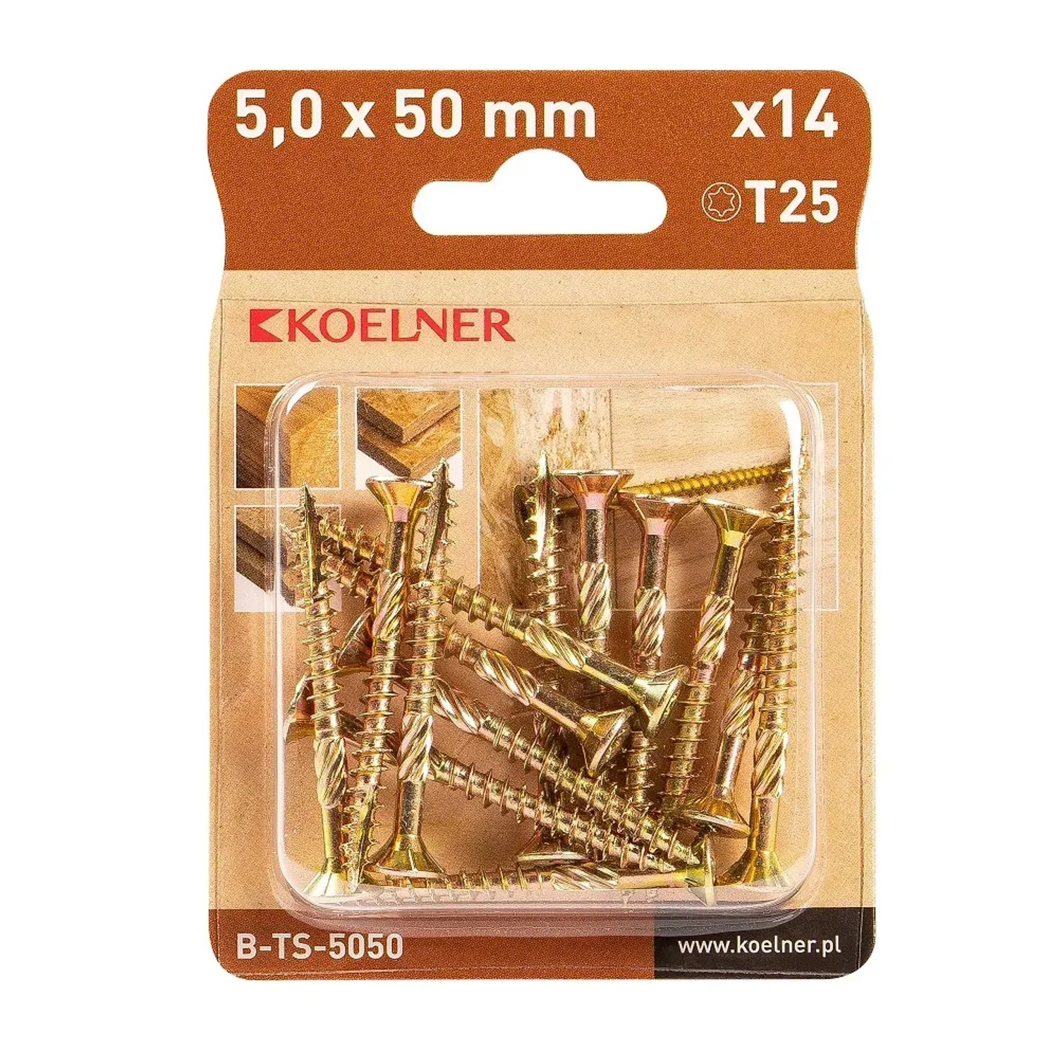 Opakowanie żółtych wkrętów do drewna 5x50 mm, 14 sztuk, Torx T25