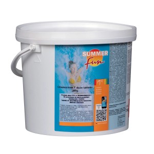 Wiadro z tabletkami Summer Fun Chemochlor T do dezynfekcji basenów.