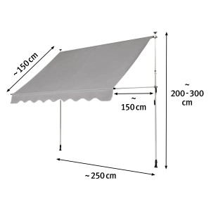 Markiza pionowa 2,5x1,5m w kolorze srebrnoszarym, z korbą i regulowanymi nóżkami. Idealna jako ochrona przed słońcem i prywatnością.