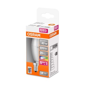 Żarówka LED Osram E14 w kształcie świecy 4,9W w pudełku, ściemnialna z pilotem.
