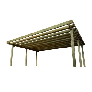 Drewniana wiata garażowa t.b.t. z otwartym dachem na jedno miejsce parkingowe.