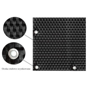 Zbliżenie czarnej maty ogrodzeniowej z oczkami do mocowania.