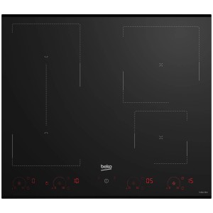 Czarna płyta indukcyjna Beko z czterema strefami gotowania i wyświetlaczem cyfrowym.