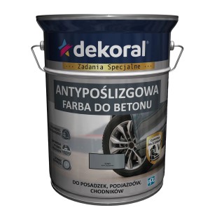 Puszka szarej farby do betonu Dekoral, antypoślizgowa do podłóg, podjazdów i chodników.