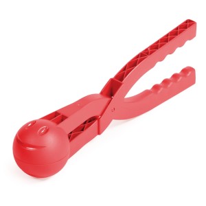 Czerwony przyrząd do robienia śnieżek z uśmiechniętą buźką dla dzieci.